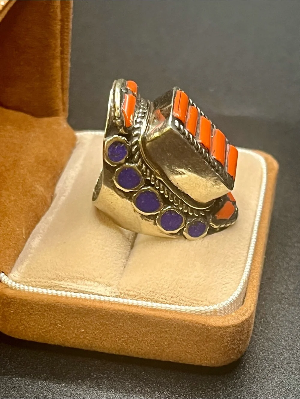 Southwestern Style Orange blue Inlay Statement Ring. Unmarked, not tested